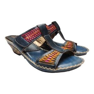 Spring Step L'Artiste Ganzo Wedge Sandals Sz 8.5 (39) Blue Woven Leather Boho